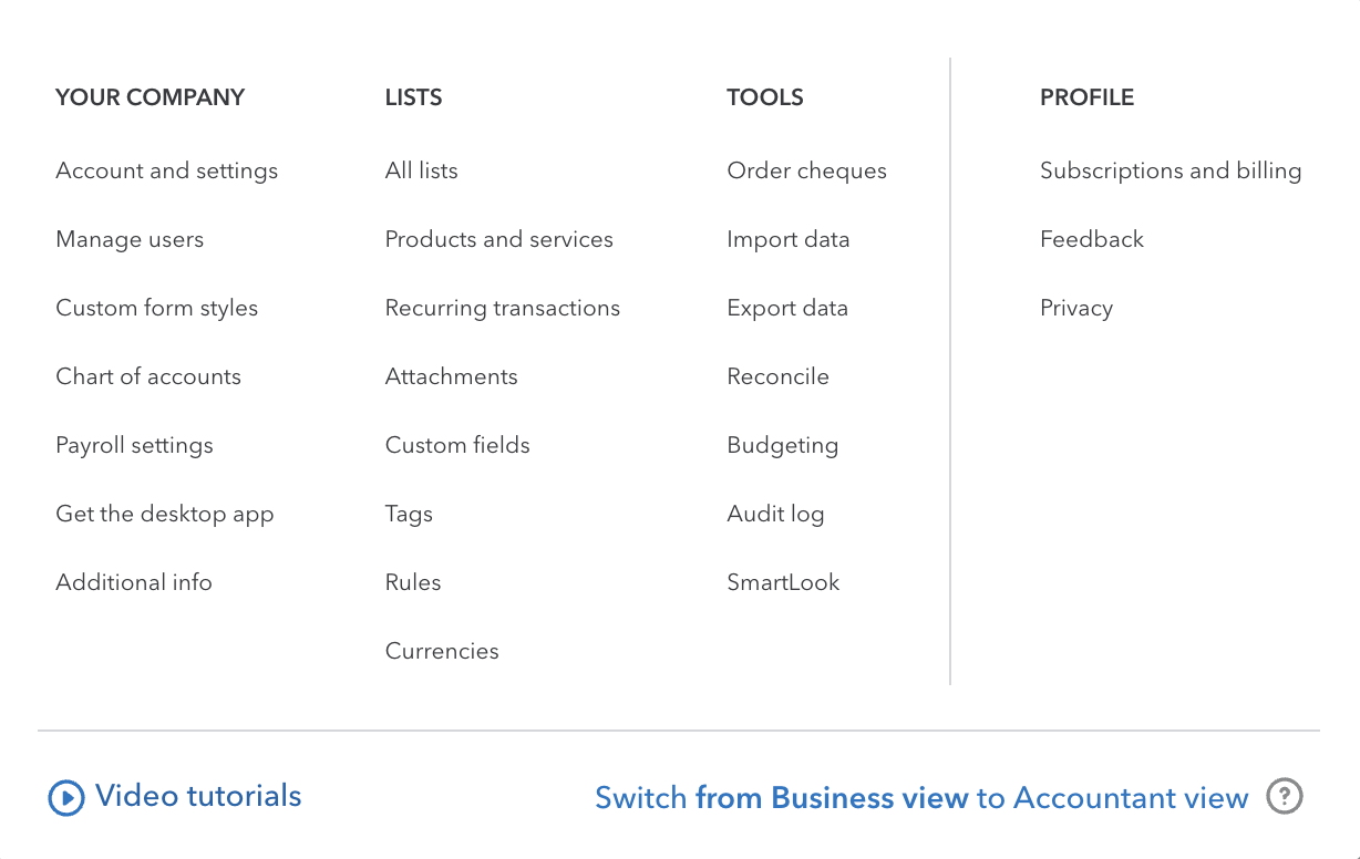 QBO settings menu QBO settings menu