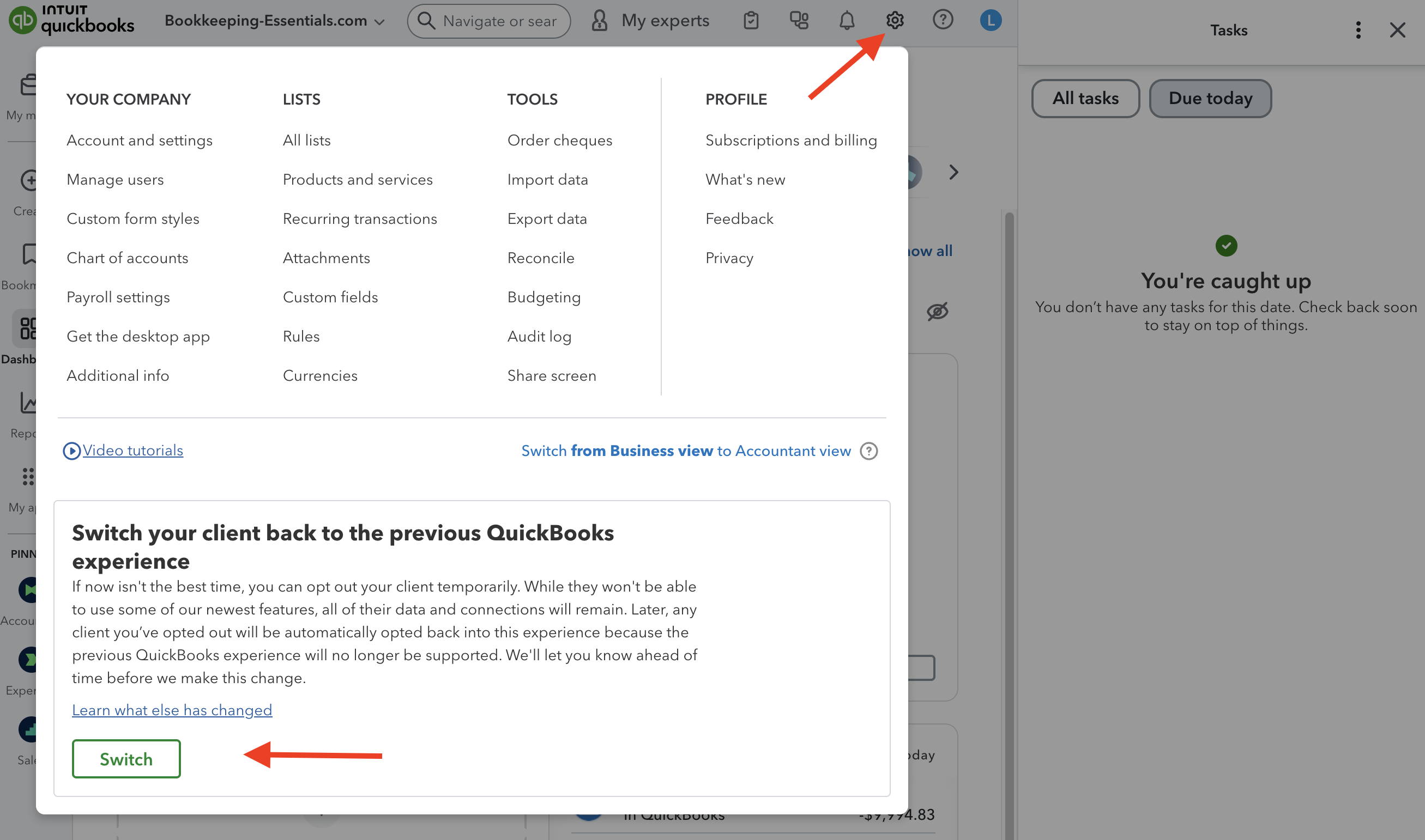 QBO Switch Back Version Button