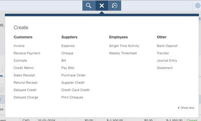 QuickBooks Online Quick Create Menu Options