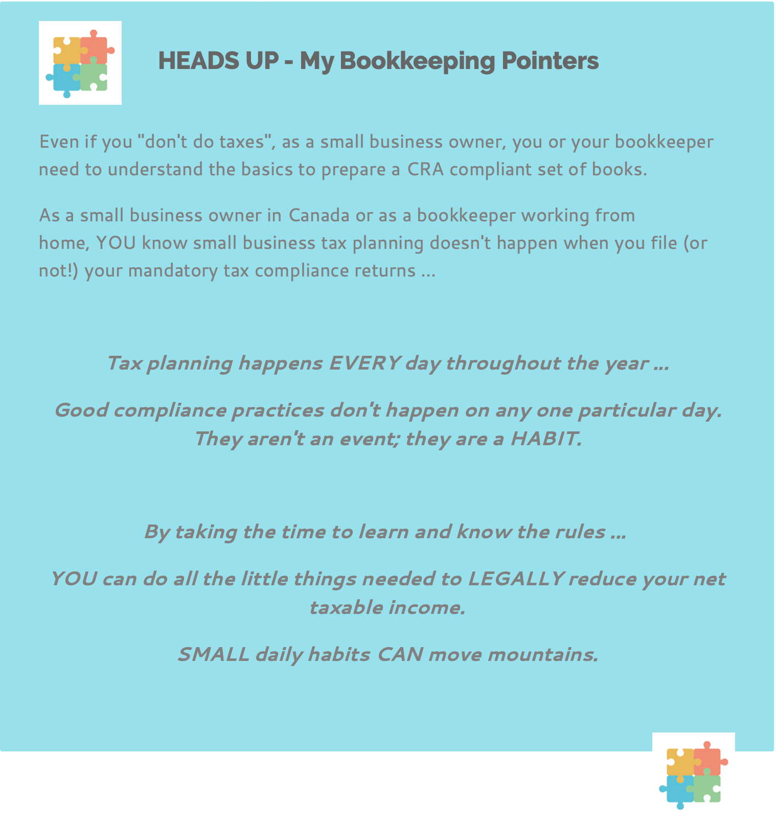 Head Up - My Bookkeeping Pointers