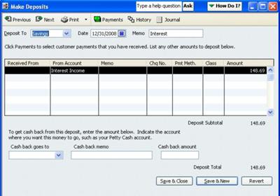 Make Deposit window found in the Banking drop down menu