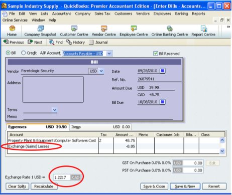QuikBooks multicurrency version of Enter Bills screen shot