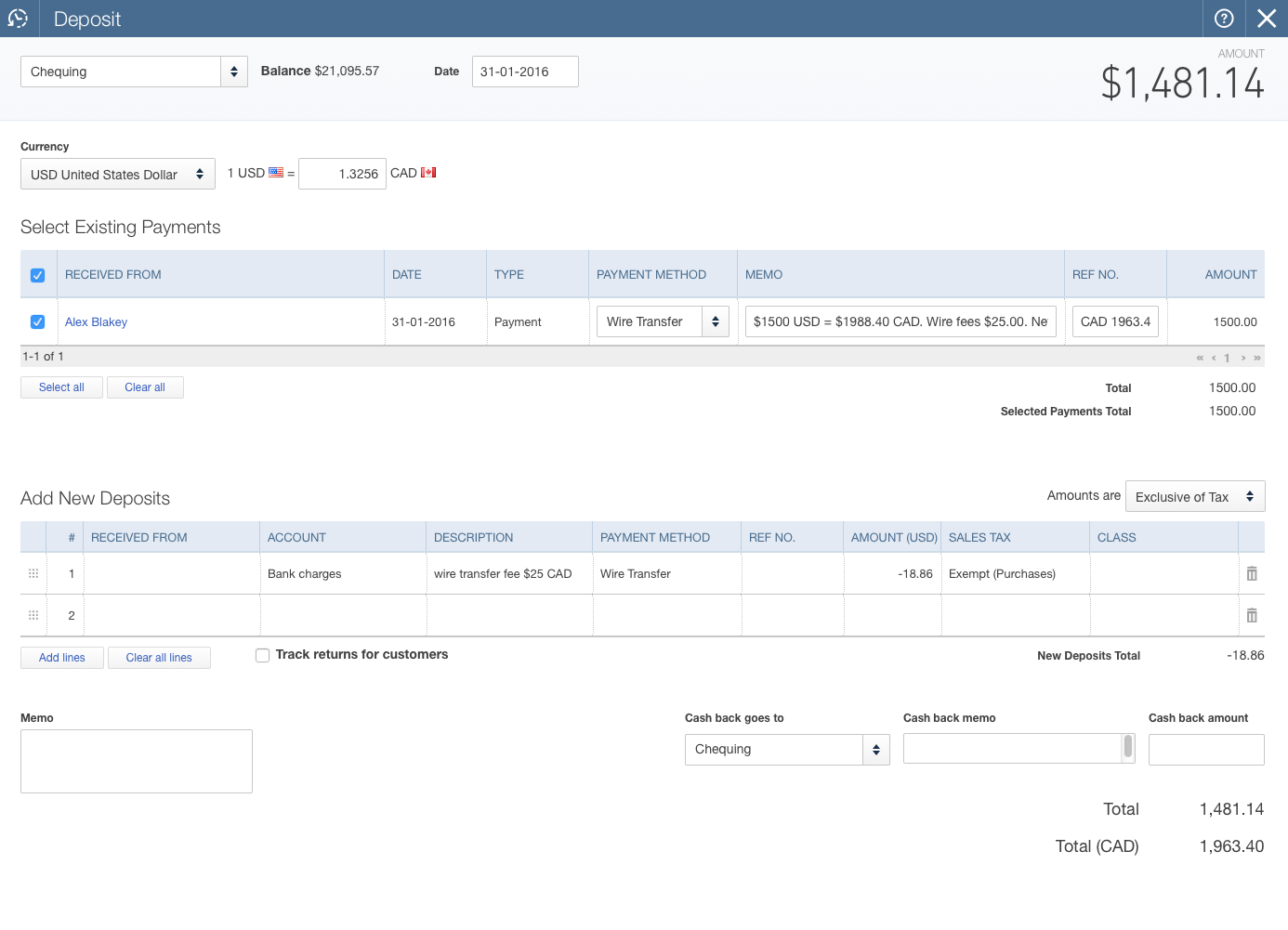 Entering foreign deposits learning quickbooks