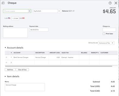 US cheque in QBO with home currency = Canada