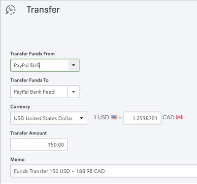 Transfers funds between US and Canadian accounts
