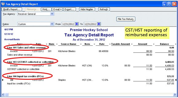 screenshot of QuickBooks GST HST reporting of reimbursable expenses