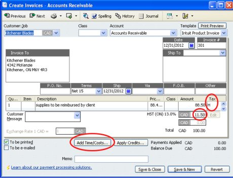 screenshot of QuickBooks client invoice with reimbursable expenses