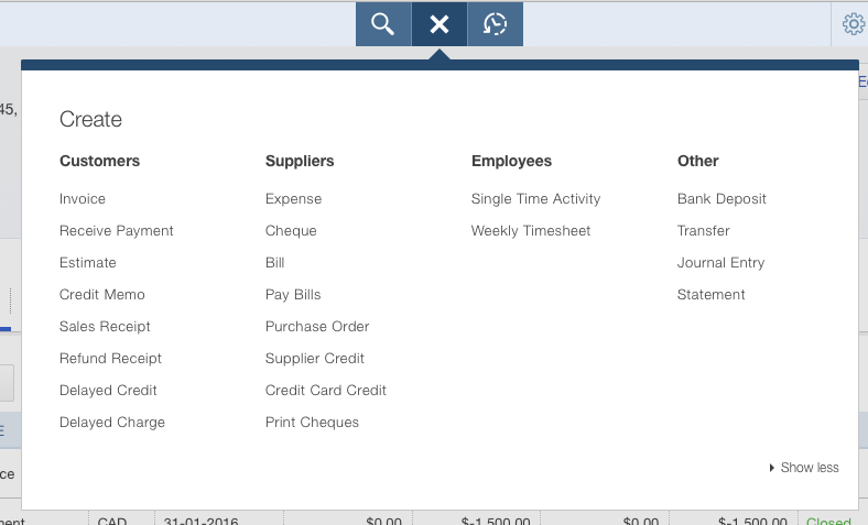 QBO Quick Create Menu