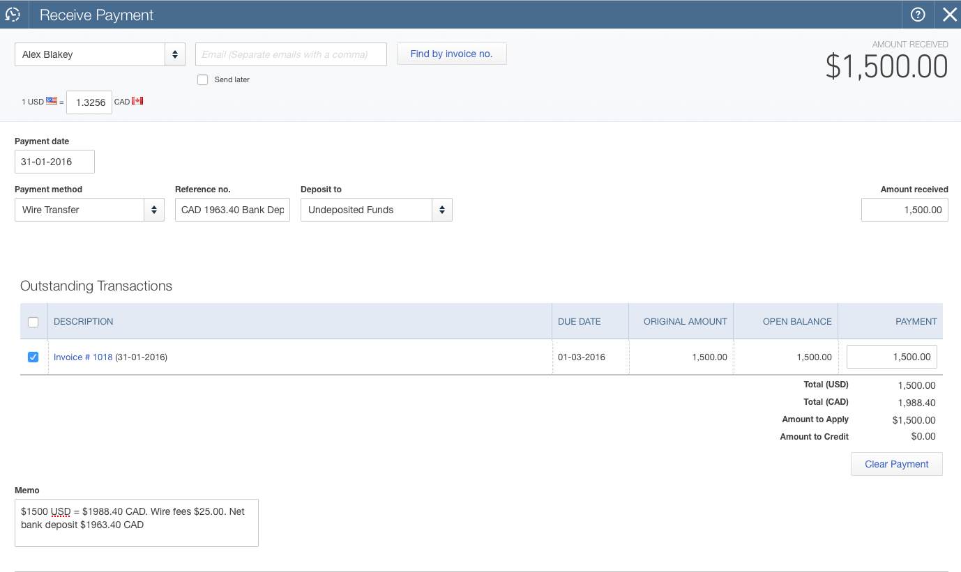 QBO Receive a Foreign Invoice Payment