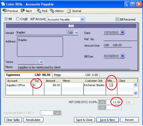 screenshot of QuickBooks vendor invoice with reimbursable expenses