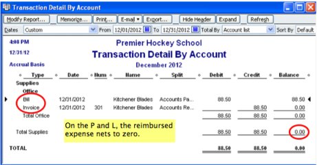 screenshot of QuickBooks profit and loss reporting of reimbursable expenses